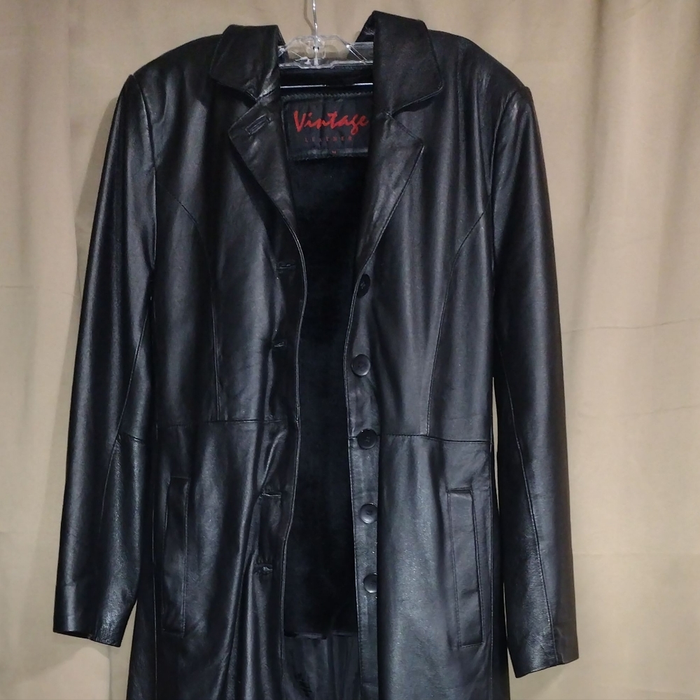 Black leather trench coat - Picture 1 of 9
